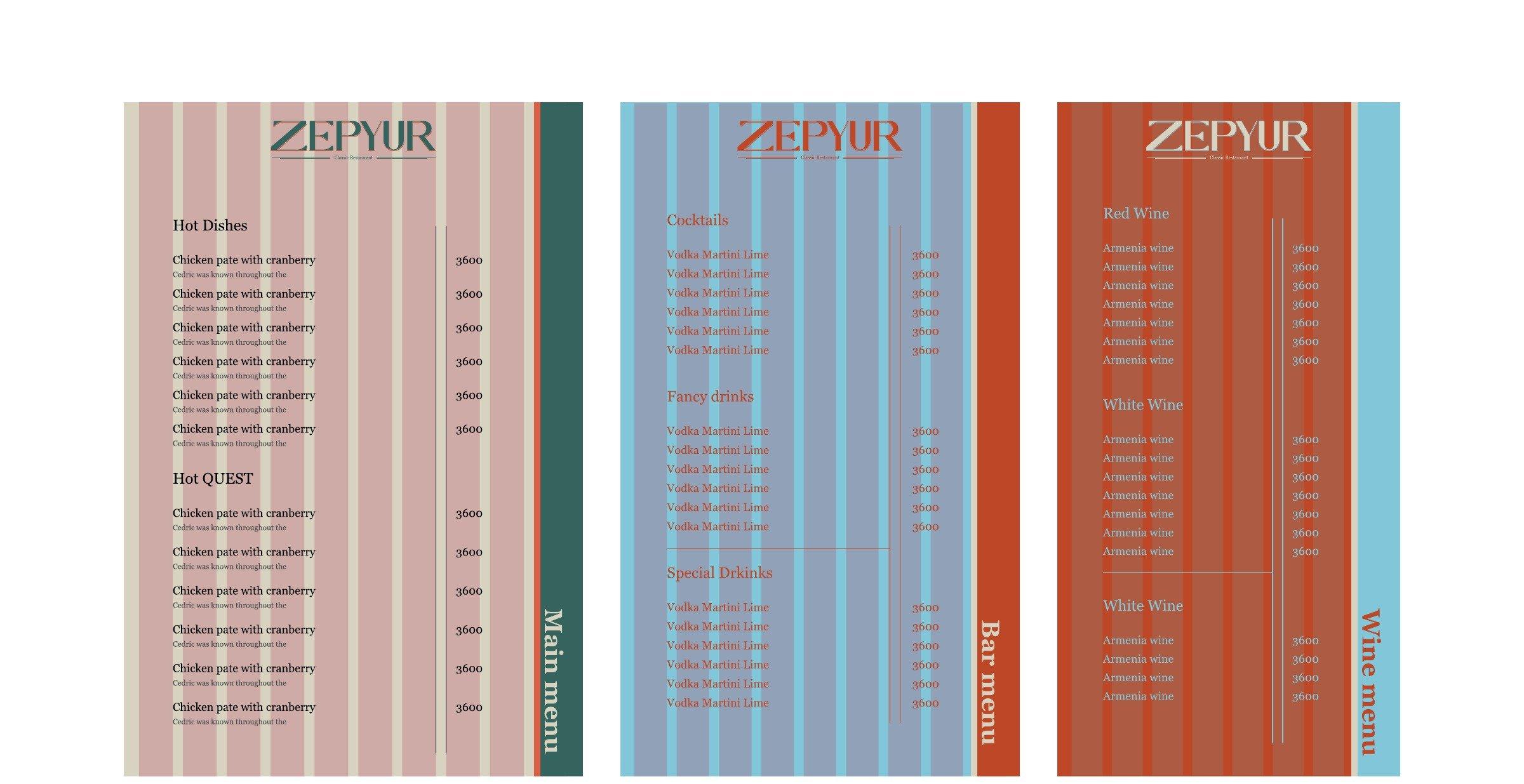 Zepyur: Menus